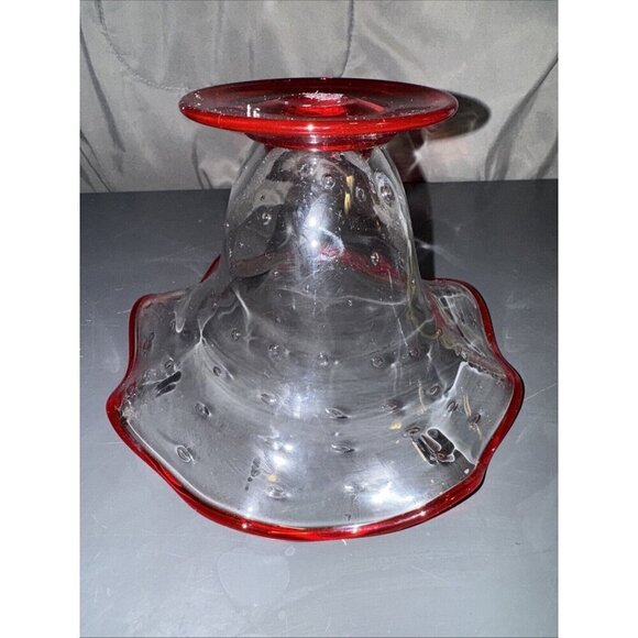 Art Glass Ruffled Compote Candy Bowl Clear Controlled Bubbles 5x8x8” Vintage Red - Picture 10 of 16